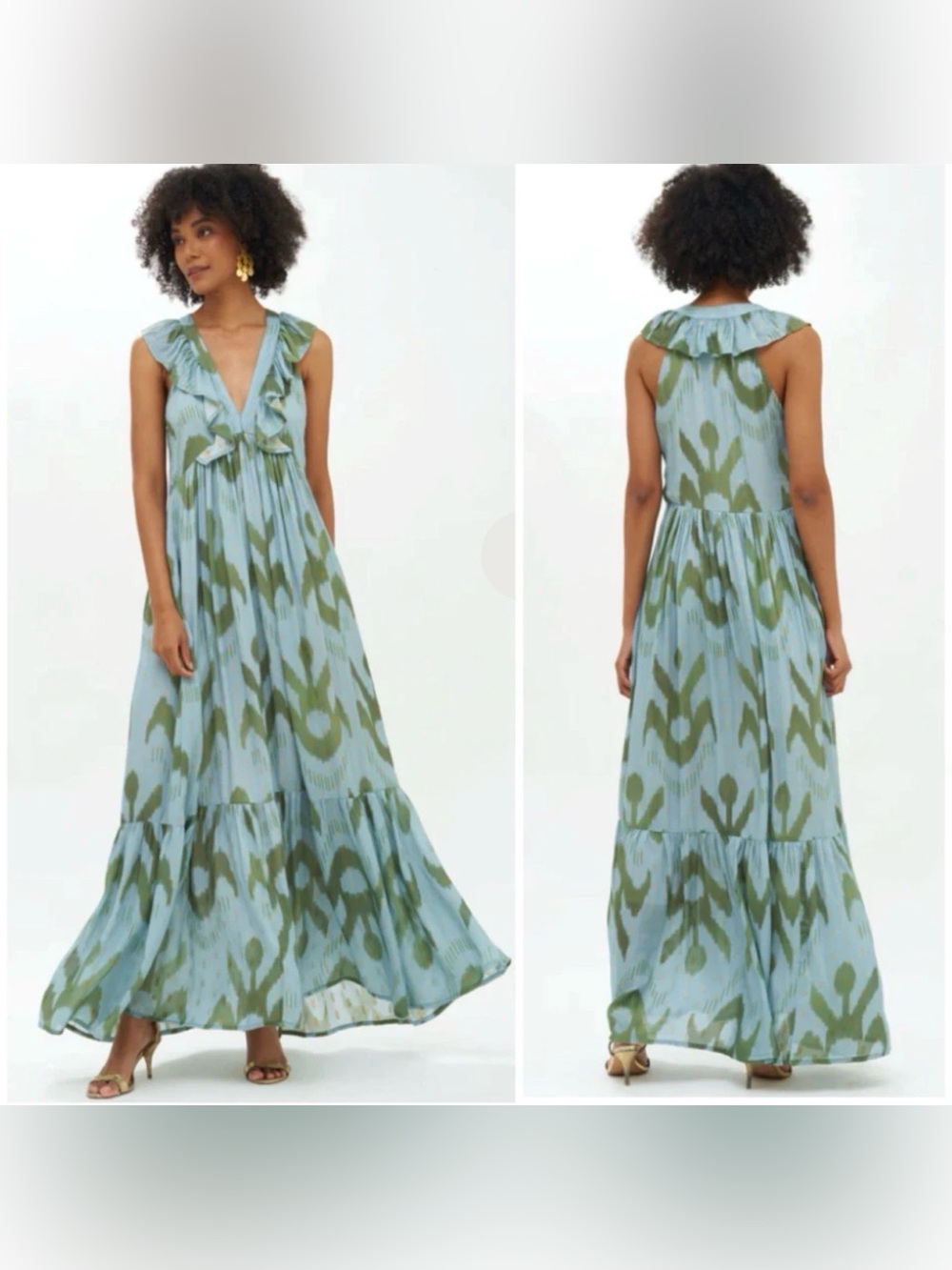 OLIPHANT RUFFLE V-NECK MAXI - CHITKA BLUE/GREEN SIZE MEDIUM
